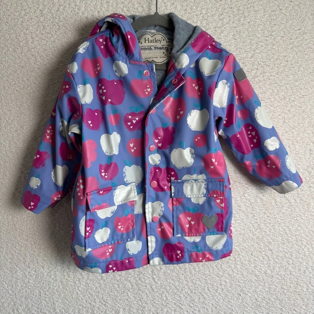 Hatley Baby Terry‎ Lined Purple Apple Heart Print Raincoat Size 3T